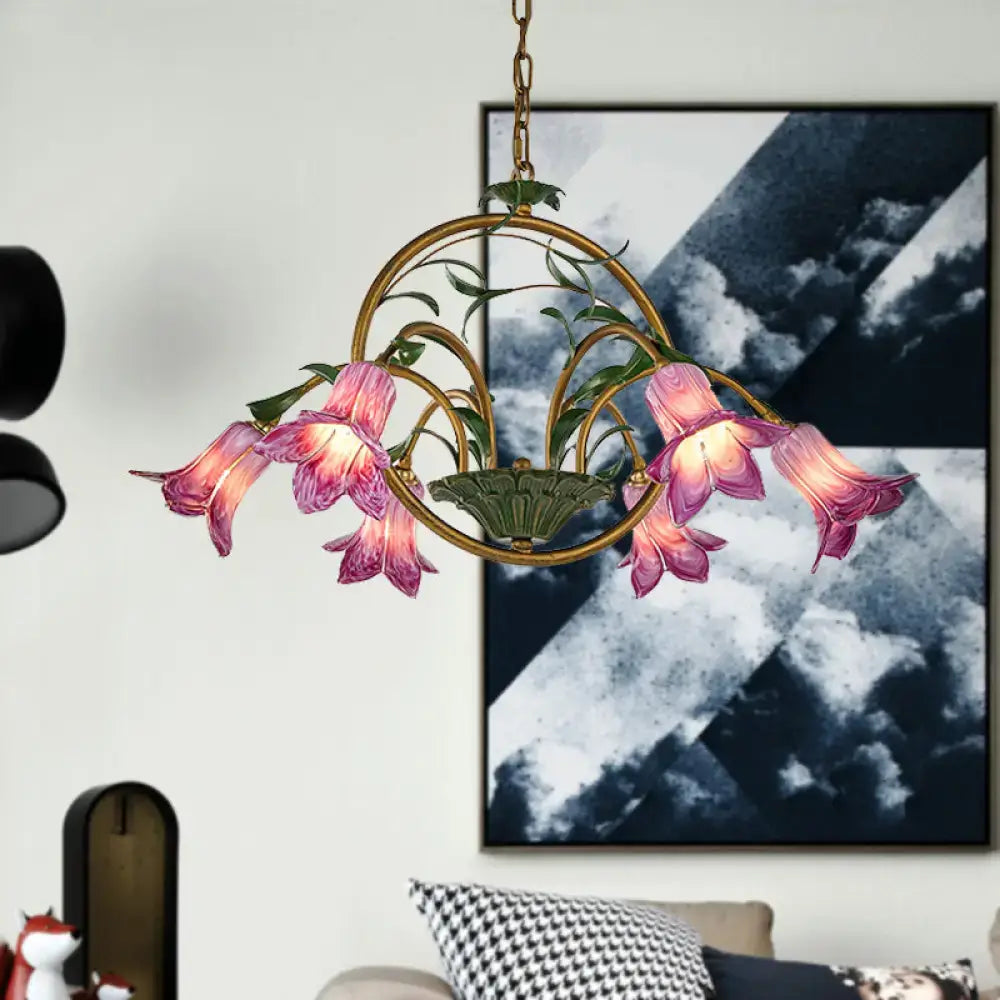 DecorBites traditional floral ceiling chandelier with five pink glass flowers gold-toned frame e12 e14 220v-240v led compatible