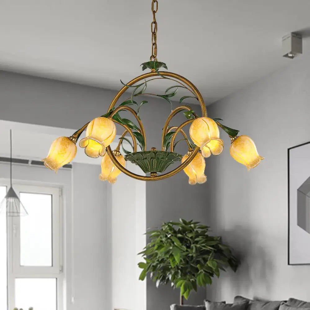 DecorBites™ traditional floral ceiling chandelier with six amber glass tulip shades and green leaf accents compatible with e12 e14 led incandescent fluorescent 220v-240v 110v-120v bulbs