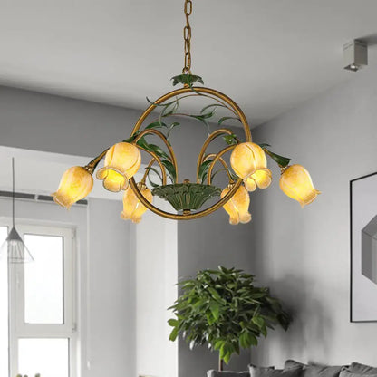 DecorBites™ traditional floral ceiling chandelier with six amber glass tulip shades and green leaf accents compatible with e12 e14 led incandescent fluorescent 220v-240v 110v-120v bulbs