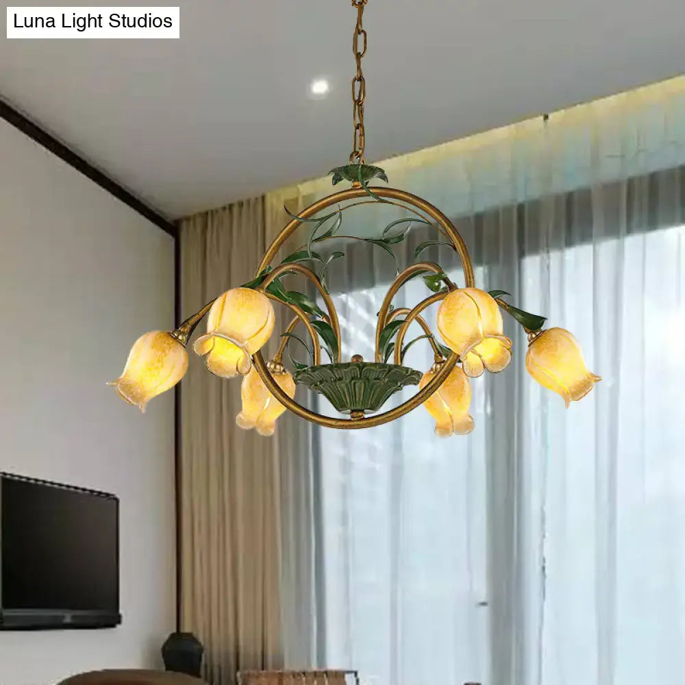 Decorbites traditional floral ceiling chandelier with golden amber glass tulip shades and green leaf accents e12 e14 compatible