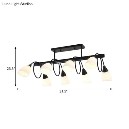 DecorBites traditional black metal pendant light fixture with six milky frosted glass shades and curved arms