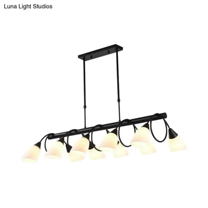 Black metal pendant light fixture with ten frosted milky glass shades for traditional hanging lighting
