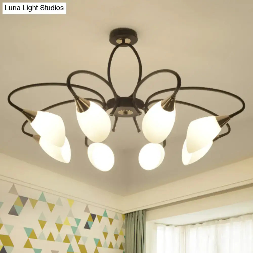 Black metal chandelier with five frosted oval white glass shades for traditional semi flush mount ceiling light