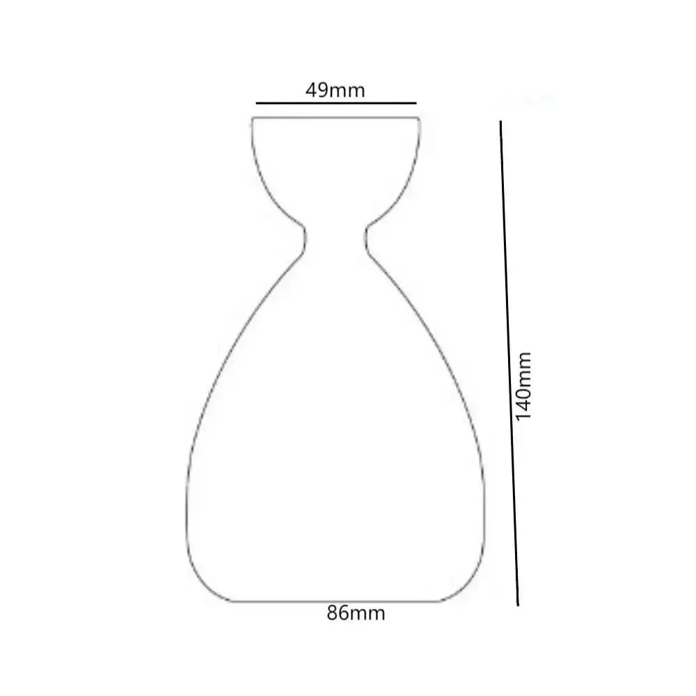 A minimalist line drawing of the decorbites™ transparent avocado seed starter vase with hourglass shape and labeled dimensions