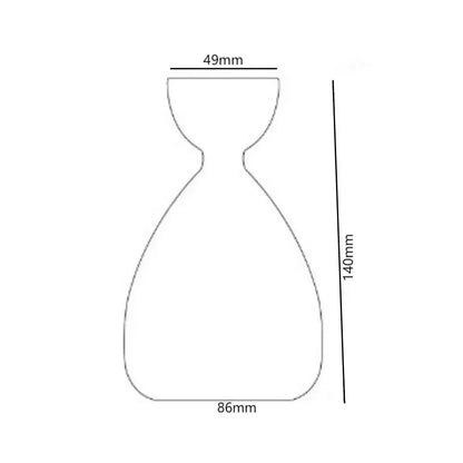 A minimalist line drawing of the decorbites™ transparent avocado seed starter vase with hourglass shape and labeled dimensions