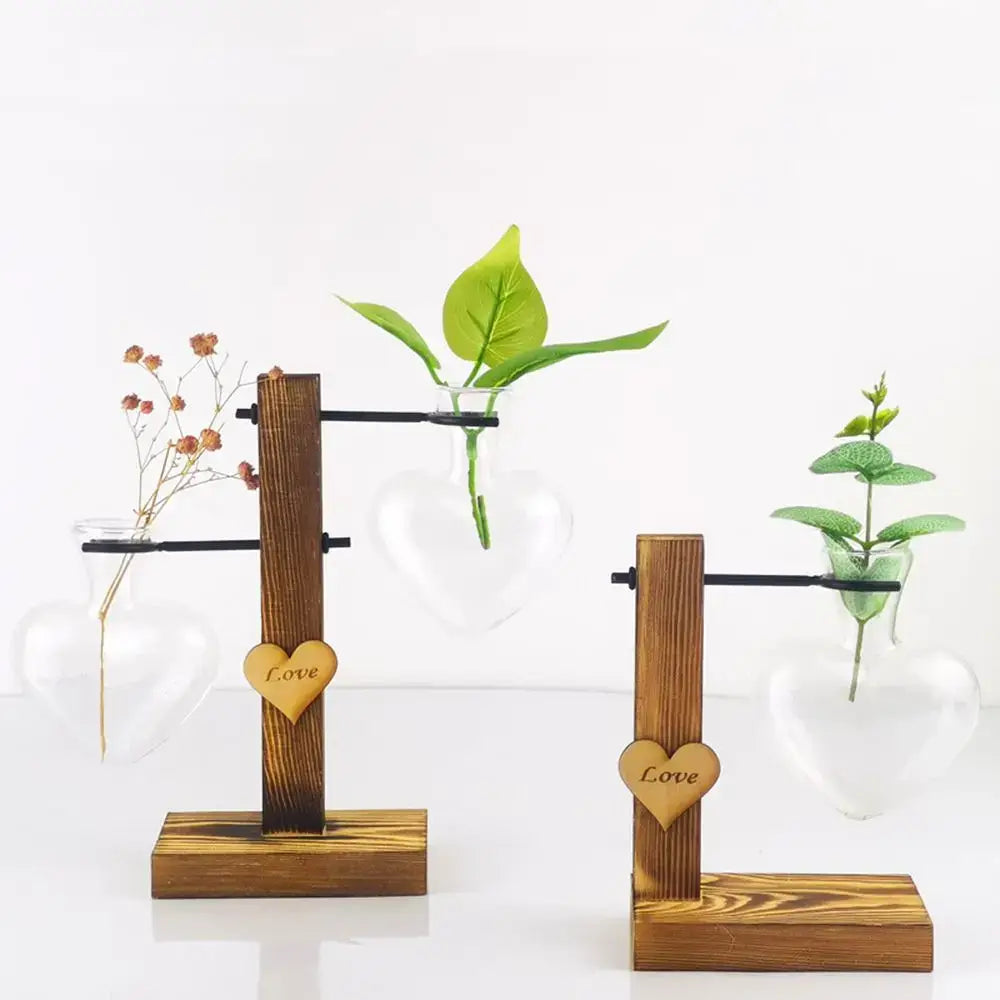 Wooden stand with heart-shaped charm holding clear glass vases for decorbites transparent avocado seed starter vase