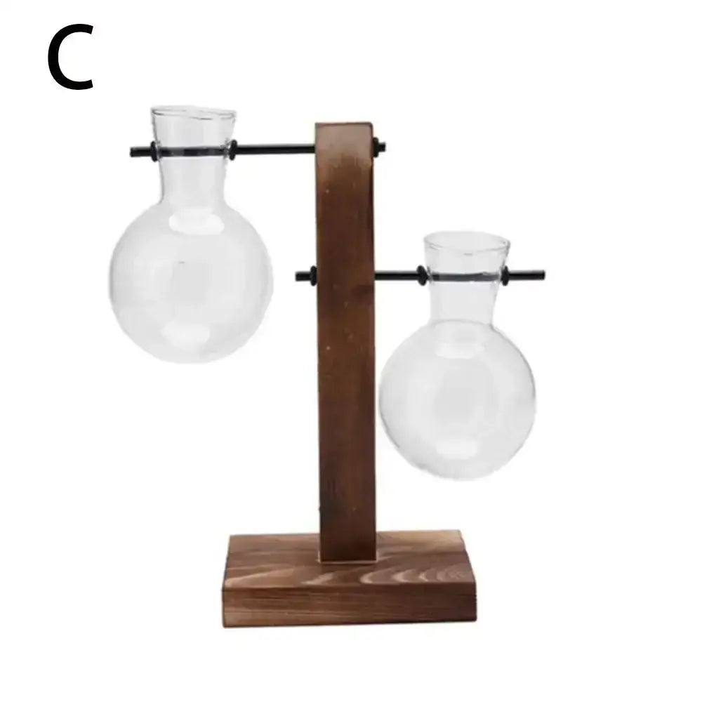 Wooden stand holding two clear glass round-bottomed flasks for avocado seed starter by DecorBites™