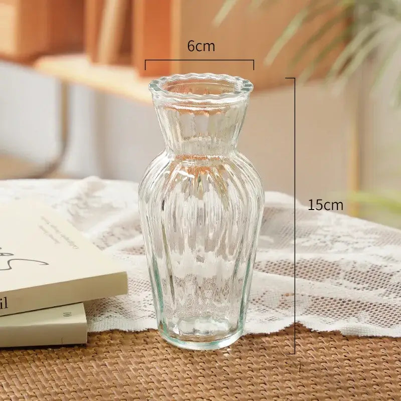 Clear glass transparent nordic vase with vertical ribbed texture and fluted rim, 15cm tall by 6cm wide for plants and flowers