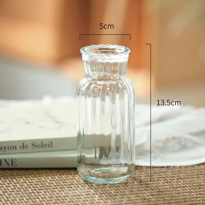 Clear glass transparent nordic vase with vertical ridges and fluted rim for plants and flowers decorbites