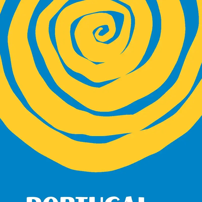 Decorbites™ travel posters art print featuring vibrant yellow and blue spiral design with bold concentric rings for living room
