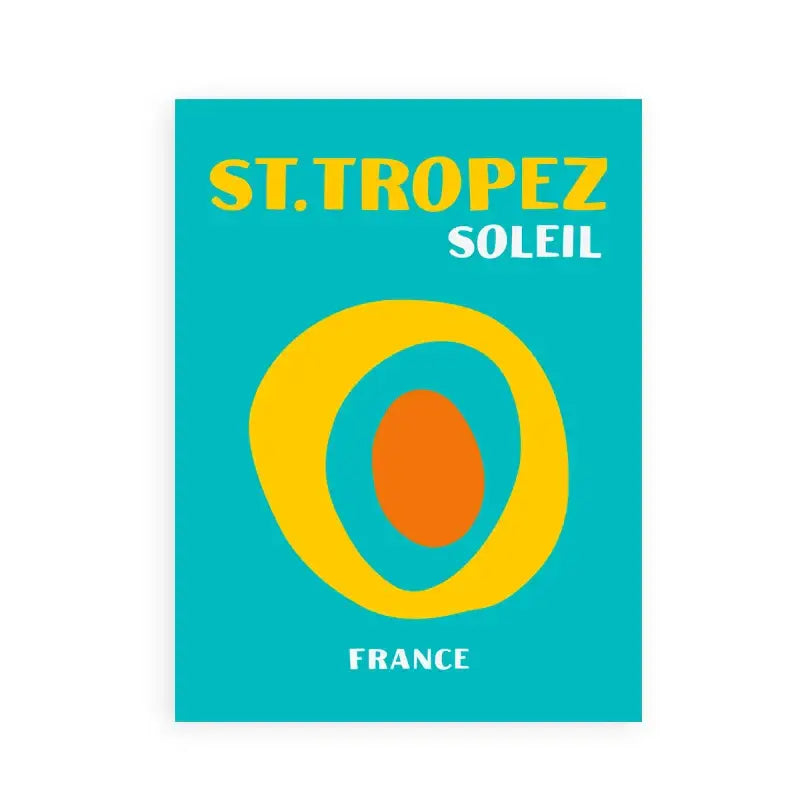 Vibrant turquoise travel posters art print with bold yellow and orange concentric circles from DecorBites™ set for living room
