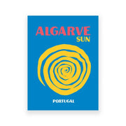 Vibrant blue decorbites travel posters art print featuring bold yellow spiral sun and pink yellow algarve sun text portugal