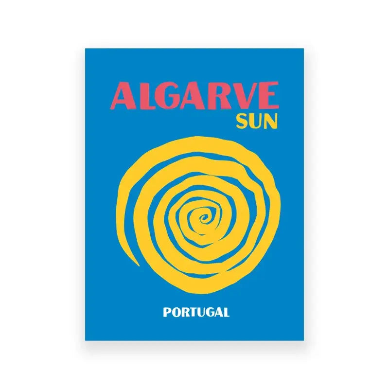 Vibrant blue decorbites travel posters art print featuring bold yellow spiral sun and pink yellow algarve sun text portugal
