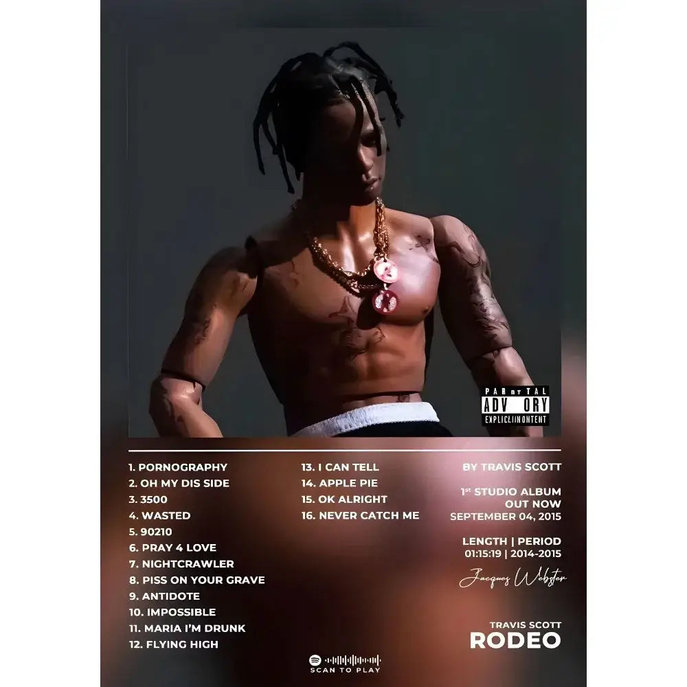 A detailed travis scott action figure with black dreadlocks and tattoos for decorbites™ waterproof wall art album poster