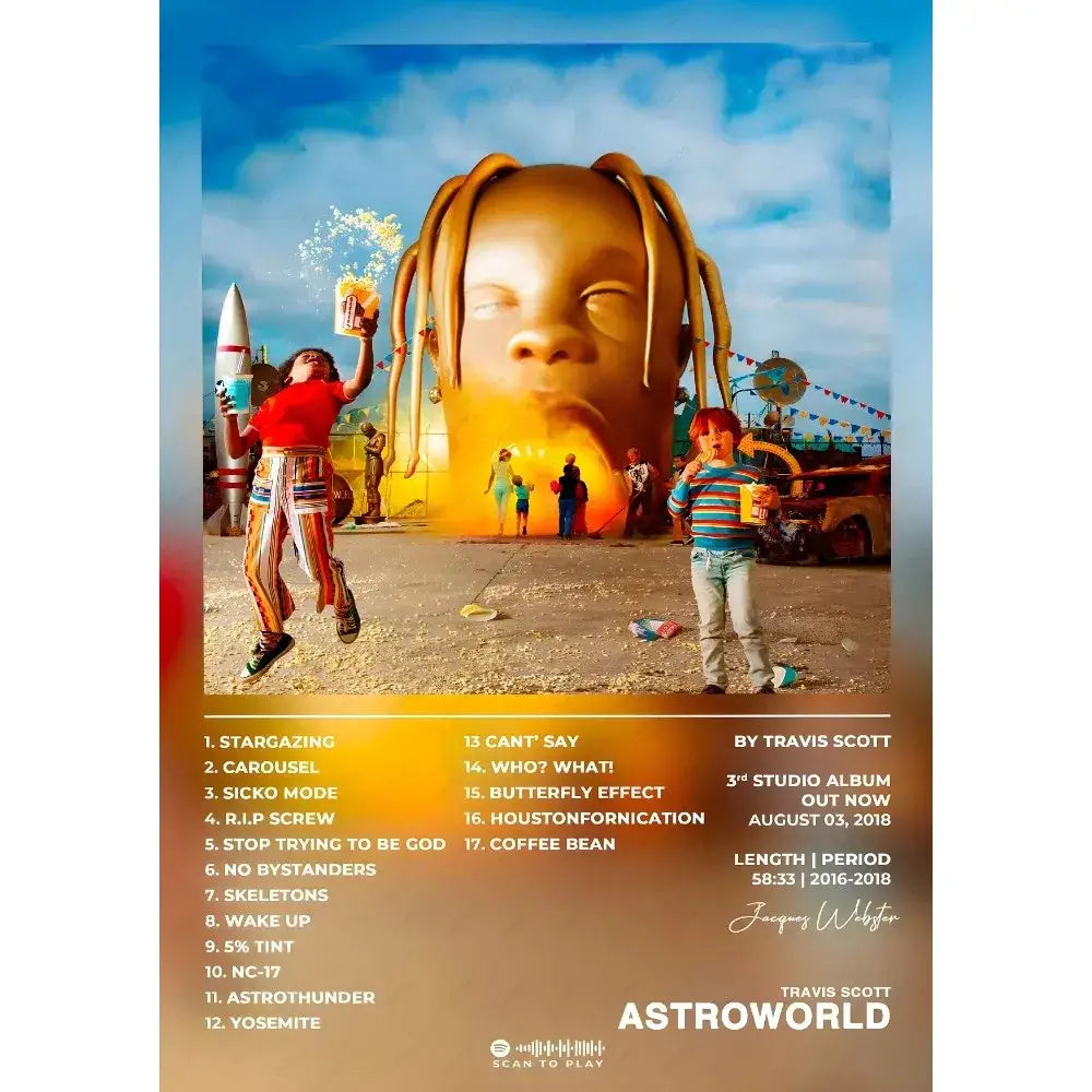 A golden oversized face with long dreadlocks on travis scott astroworld album poster waterproof wall art by decorbites