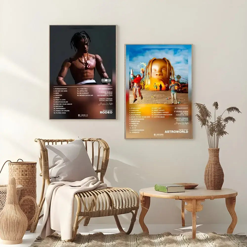 Two framed decorbites™ travis scott album posters featuring waterproof wall art with dark and colorful designs