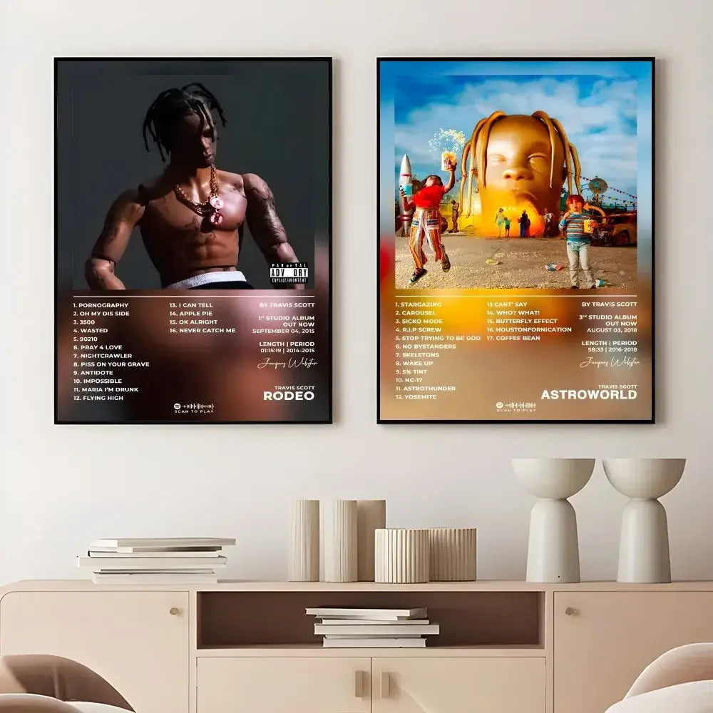 Two framed travis scott album posters rodeo with dark background and astroworld with golden face waterproof wall art