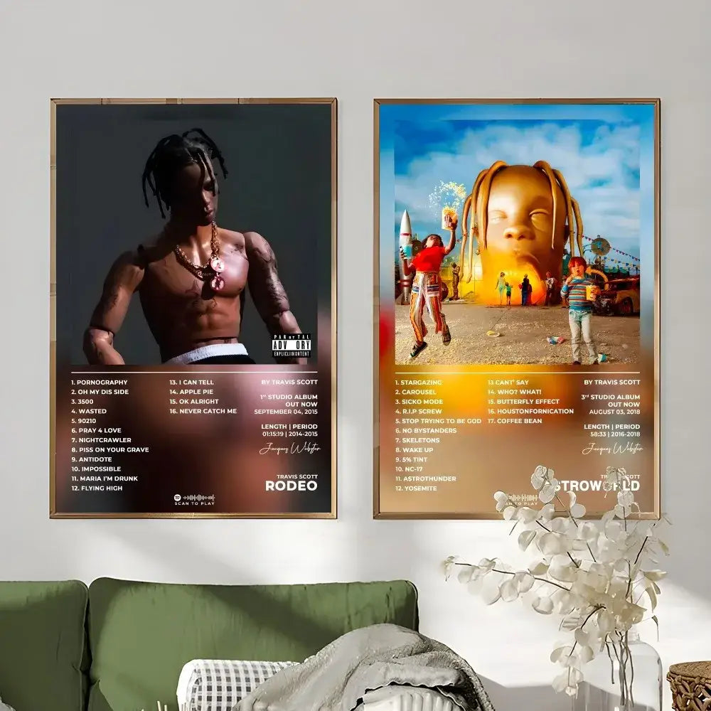 Two framed travis scott album posters featuring rodeo and astroworld designs waterproof wall art for decor