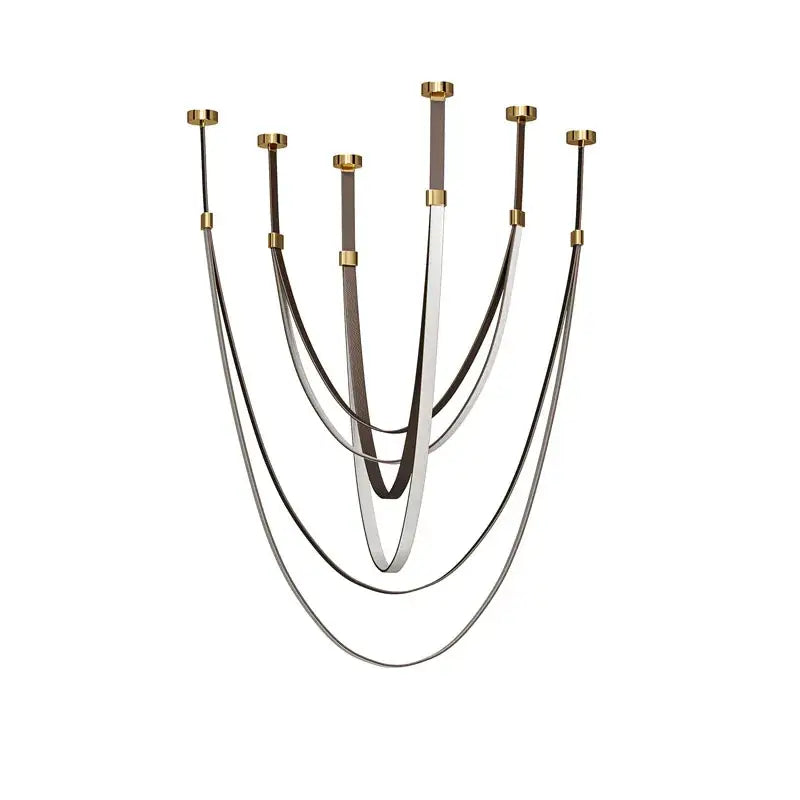 Modern candelabra chandelier with five gold-toned caps and flexible leather belt accents in black metal and matte brown leather