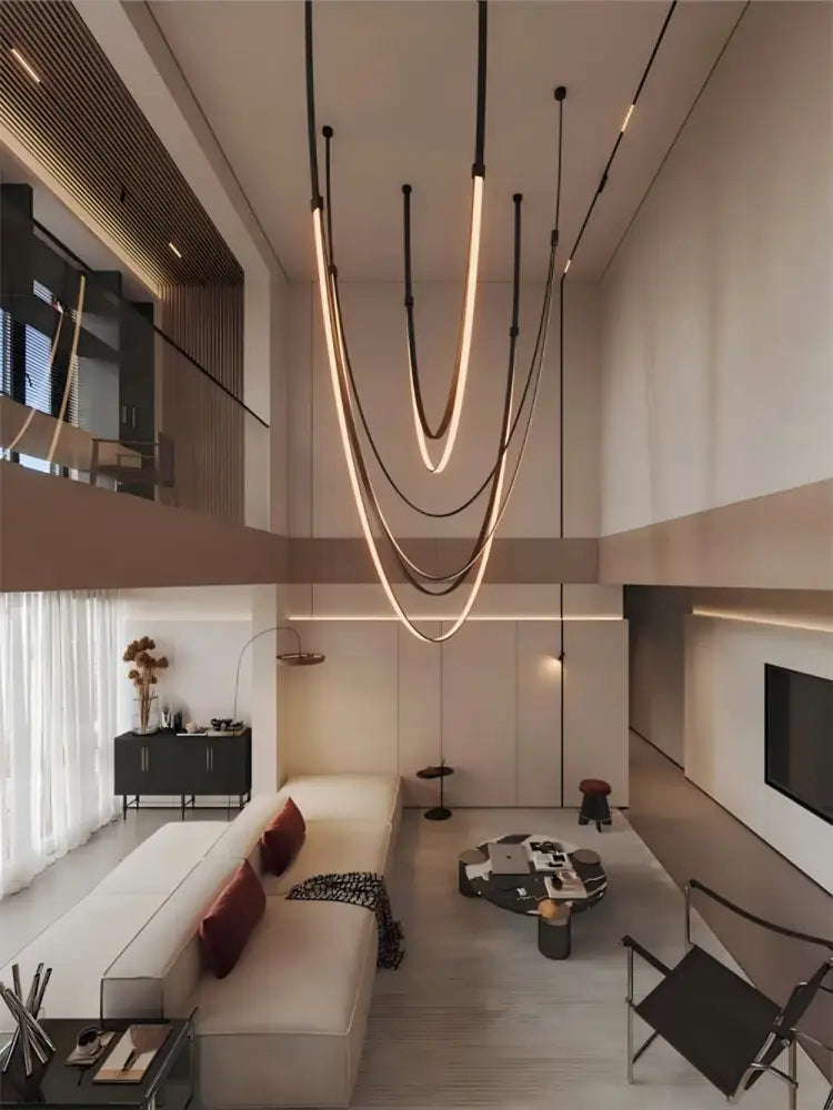 Modern minimalist led chandelier with sleek curved light strips and flexible leather belt design by DecorBites™