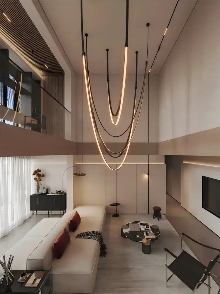 Modern minimalist led chandelier with sleek curved leather belt light strips in warm glow for living room decor