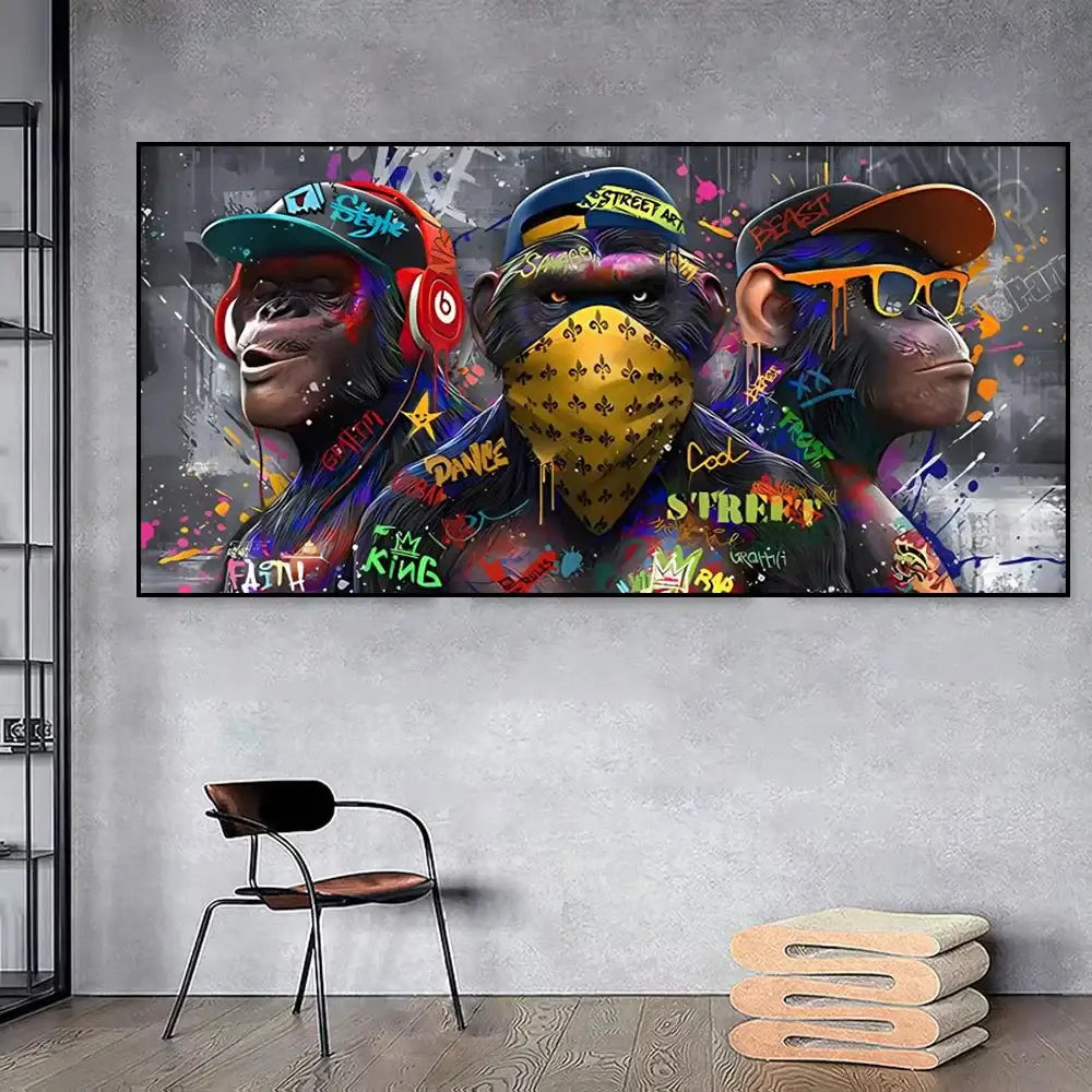 Vibrant graffiti-style canvas print of three trendy orangutans in streetwear with colorful accessories wall art by decorbites