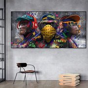 Vibrant graffiti-style canvas print of three trendy orangutans in streetwear with colorful accessories wall art by decorbites
