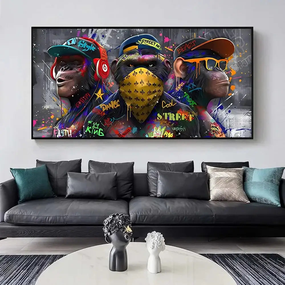 DecorBites™ trendy orangutans wall art print featuring vibrant graffiti-style canvas with three trendy orangutans in streetwear