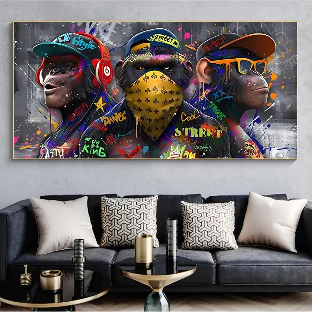 DecorBites™ trendy orangutans wall art print with vibrant graffiti style and colorful three trendy orangutans design