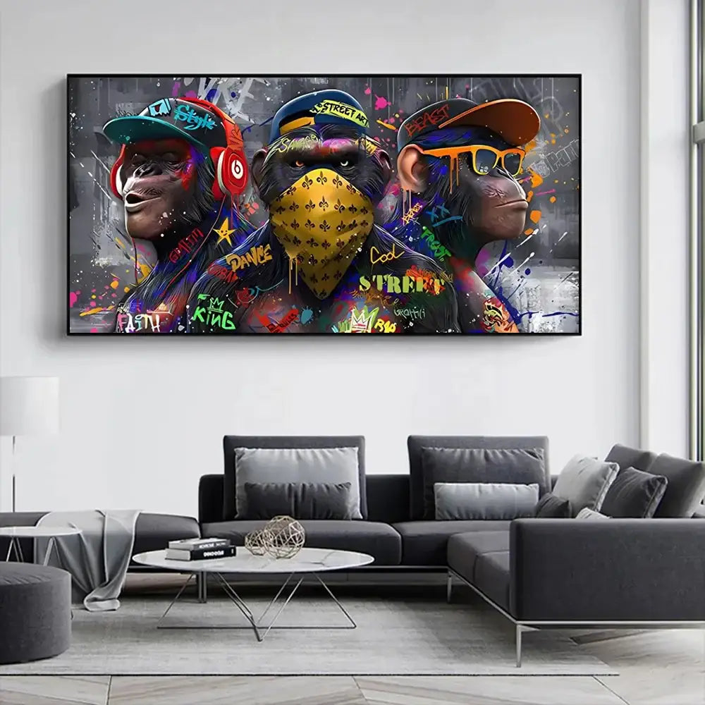 Vibrant graffiti-style canvas wall art print featuring three trendy orangutans in streetwear with colorful accessories