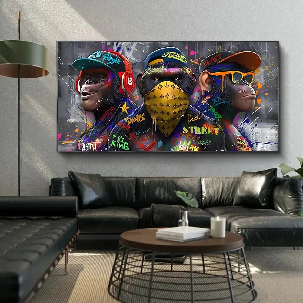 DecorBites™ trendy orangutans wall art print featuring vibrant graffiti-style canvas with three stylish monkeys in streetwear