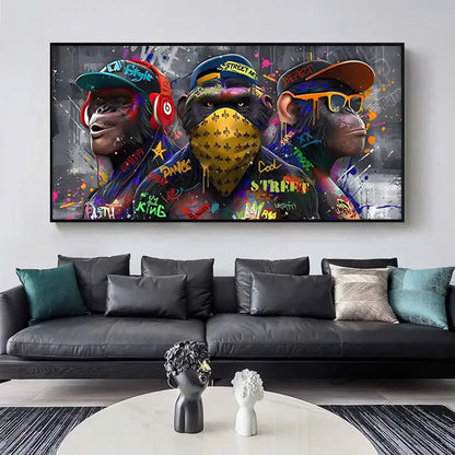 Vibrant graffiti-style wall art print of three trendy orangutans in colorful hats and streetwear by DecorBites™