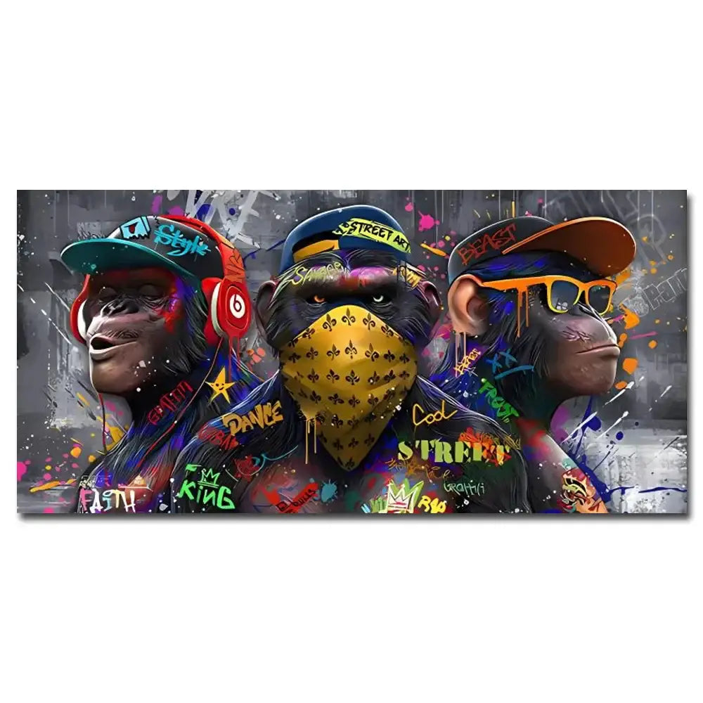 Vibrant graffiti-style canvas wall art print featuring three trendy orangutans in streetwear by decorbites