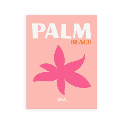 Pink rectangular DecorBites travel posters art print featuring bold white and orange palm beach text with magenta starfish