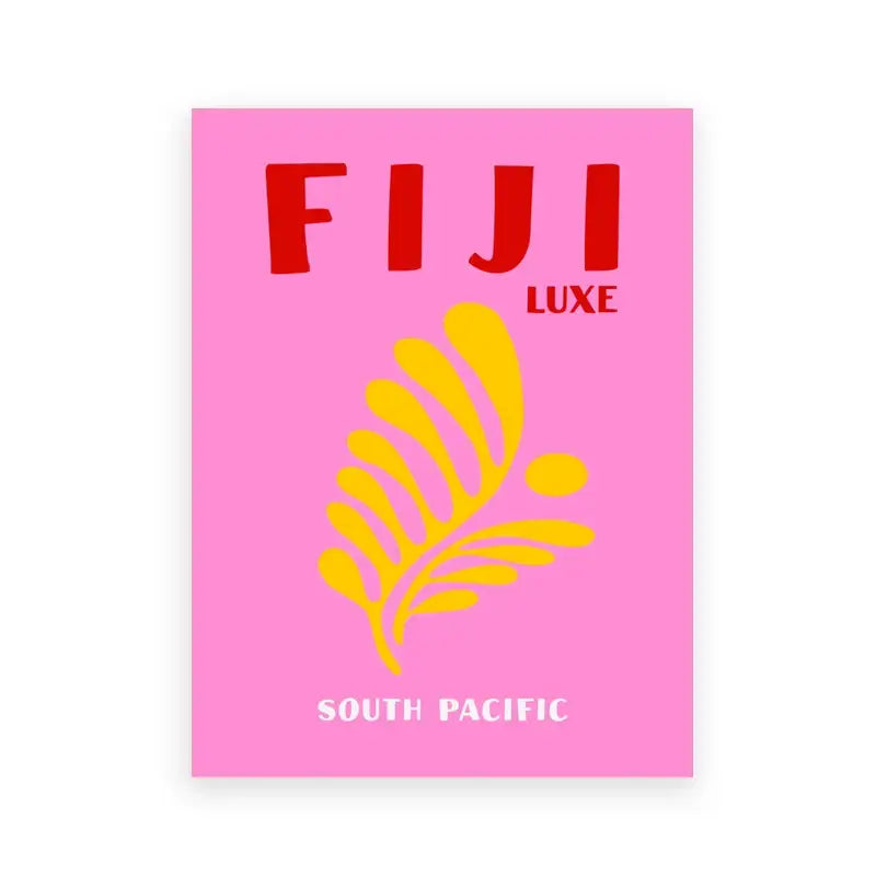 Vibrant pink fiji luxe travel posters art print with bold red text and yellow leaf design for home decor by DecorBites™