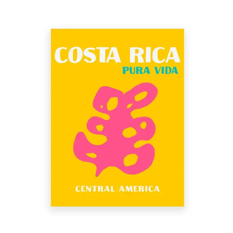 Vibrant yellow DecorBites travel posters art print featuring bold white and teal text with pink vida graphic from Central America