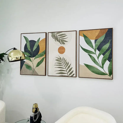 DecorBites™ tropical leaves canvas wall art set of three framed prints with leaves abstract and abstract shapes in green and navy