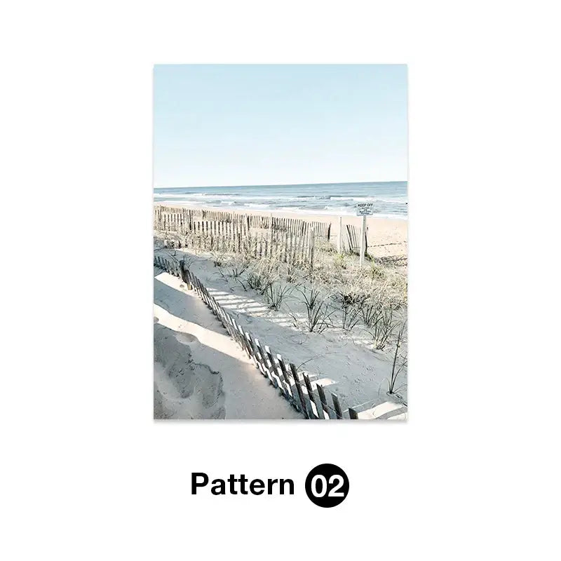 Decorbites tropical ocean shell wall art featuring a wooden fence and sandy dunes beach scene for living room decor