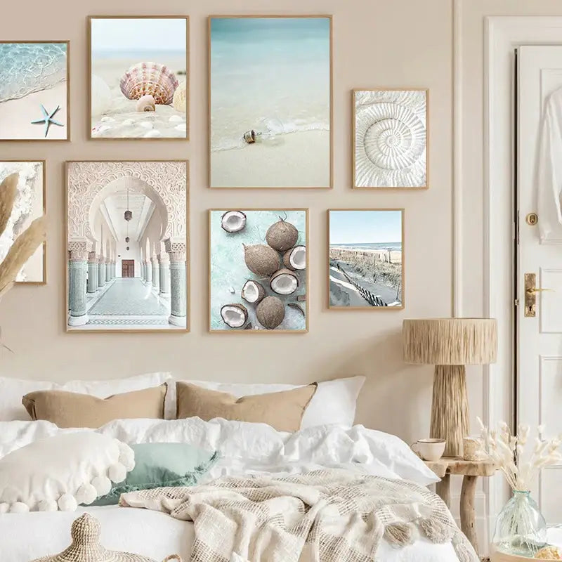 Beige-framed DecorBites™ tropical ocean shell wall art gallery wall with six nature and architectural prints for living room