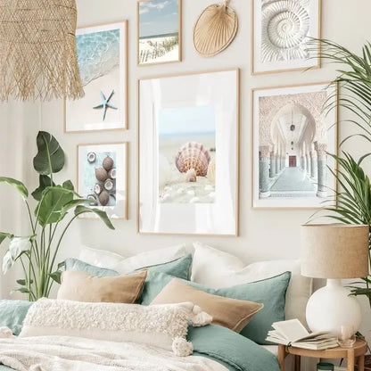 Beige woven pendant lamp with natural textured finish complementing decorbites™ tropical ocean shell wall art for living room wall art