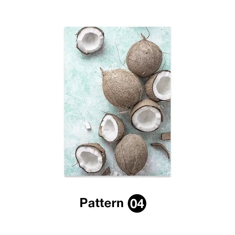 Decorbites™ tropical ocean shell wall art featuring coconuts with brown husks and white interiors on light blue textured surface