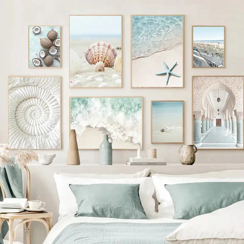 DecorBites™ tropical ocean shell wall art features framed pastel beach and coastal-themed shell wall pieces for living room