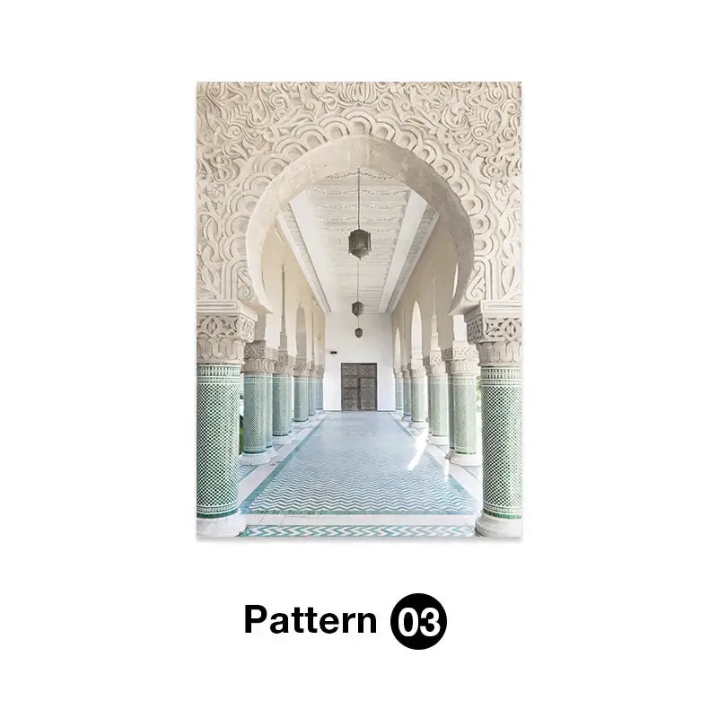 Rectangular decorbites tropical ocean shell wall art featuring ornate moroccan-style hallway with white and mint green tiles
