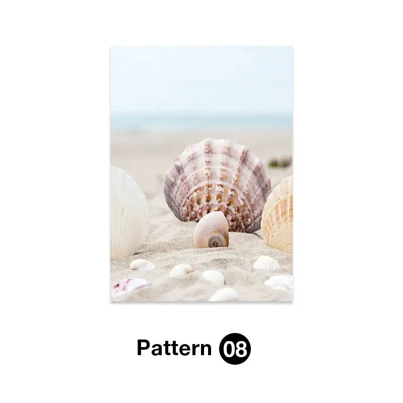 Decorbites tropical ocean shell wall art featuring serene beach scene with various natural shells in soft sand for living room