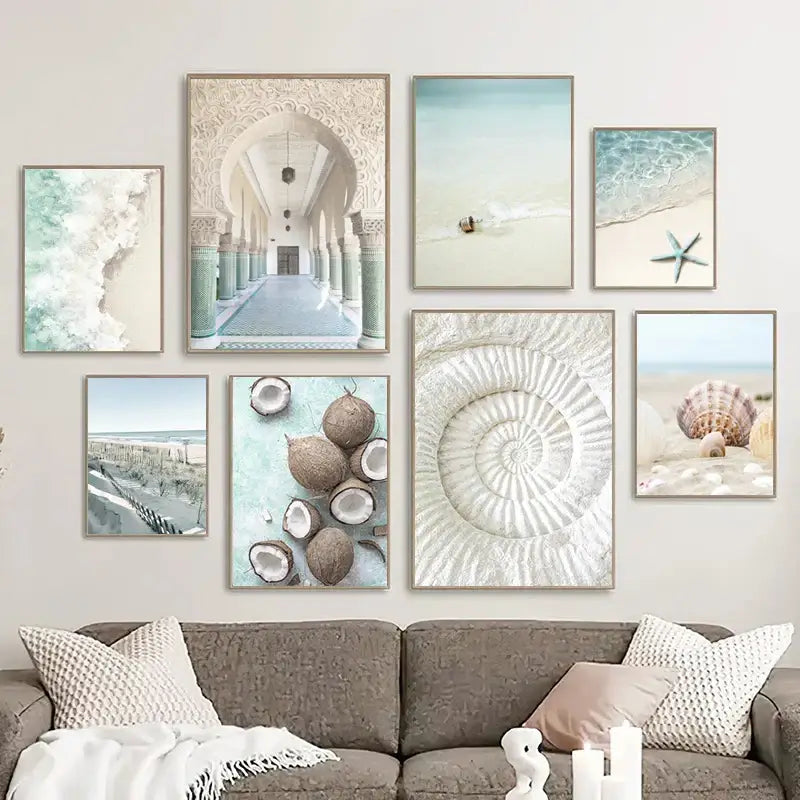 Set of seven framed DecorBites™ tropical ocean shell wall art prints featuring seashells and ocean scenes in beige and mint tones