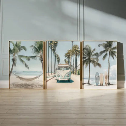 Set of three minimalist gold framed tropical surfboard travel wall art prints featuring palm trees vintage van and surfboards