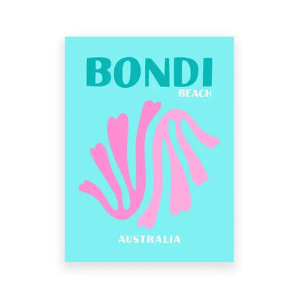 Vibrant turquoise decorbites tropical travel posters art print featuring bold teal bondi beach text and pink seashell graphic