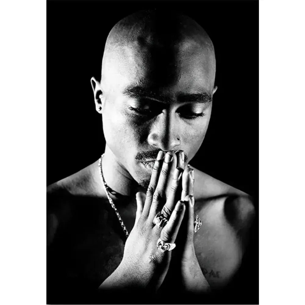 Black-and-white tupac canvas print with hands clasped in prayer featuring signature rings and necklace decorbites hip hop art