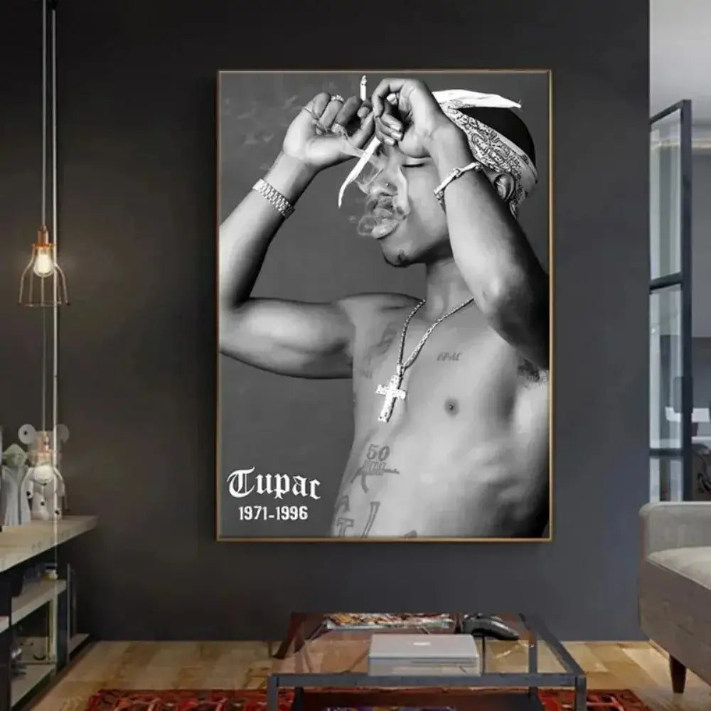 Black-and-white framed tupac canvas print featuring his bandana and tattoos for hip hop wall art by decorbites