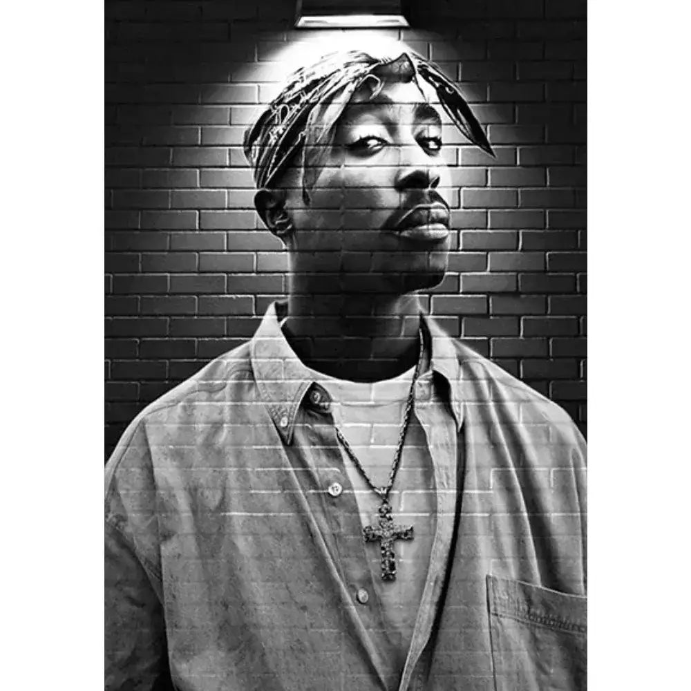 Black-and-white tupac canvas print featuring tupac shakur wearing a bandana and cross necklace for hip hop wall art